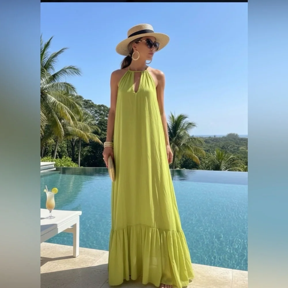 Love & Lemonade Lime Green Halter Maxi Dress Large - Picture 4 of 10
